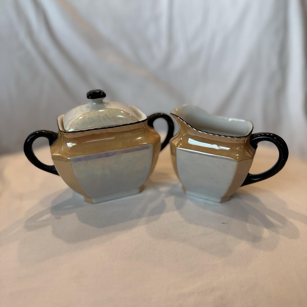 Vintage Bavaria RM Sugar Creamer Set Art Deco Black Handles Lustre Lid